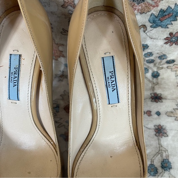 Prada Tan Patent Leather Peep-Toe Heels - Picture 8 of 14